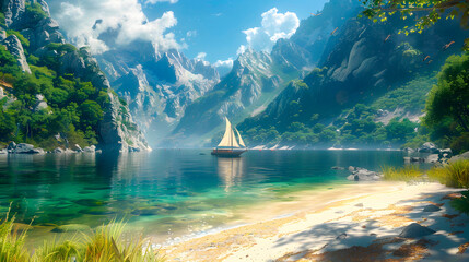 Beautiful scenery, the boat against the mountains and the sun.