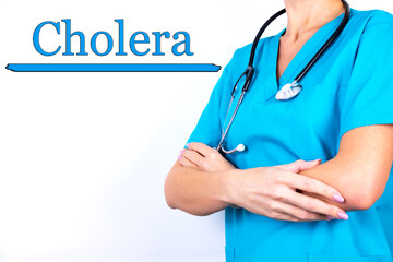 Cholera word medical concept with doctor and light background