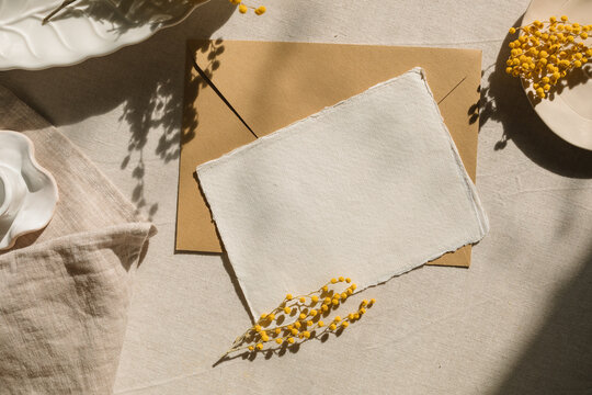 Overhead view of a blank piece of homemade deckle edge card and envelope on a table with mimosa flowers and crockery