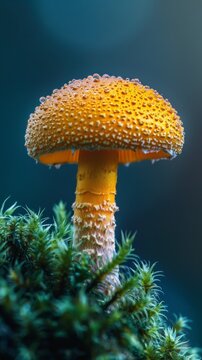 An orange mushroom with drops of water on it sitting in the grass, AI