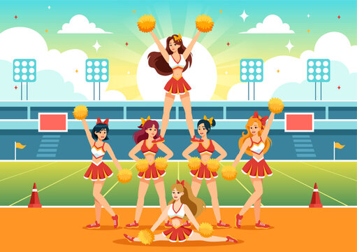 Cheerleader Girl Vector Illustration with Cheerleading Pom Poms of Dancing and Jumping to Support Team Sport During Competition on Flat Background