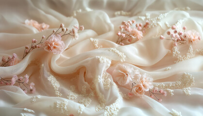 Fototapeta premium Artistic Composition Of Creamy Lace Fabric Draped With Care, Enhanced By Delicate Flowers And Beads For A Bridal Or Couture Fashion Concept
