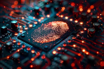 Microchip integrated with a unique fingerprint pattern, symbolizing advanced biometric identification technology for secure access and authentication