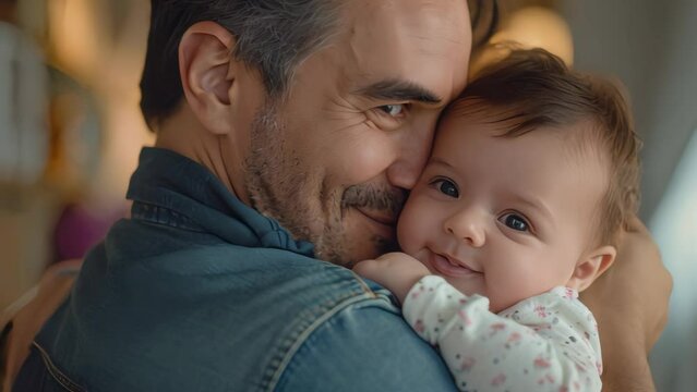 Close up of Happy father and lovely baby smiling.