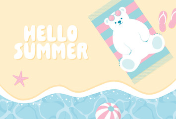 summer vector background with a polar bear lying on the beach for banners, cards, flyers, social media wallpapers, etc.