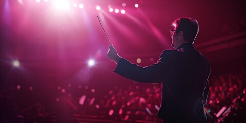 Image showcasing a conductor leading an orchestra during a performance with a dazzling stage background