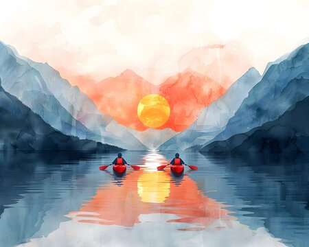 Tranquil Kayak Adventure in Vibrant Watercolor Landscape