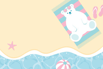 summer vector background with a polar bear lying on the beach for banners, cards, flyers, social media wallpapers, etc.