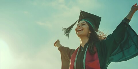 Exuberant graduate in cap and gown celebrates with arms raised against a sky background, symbolizing achievement and graduation joy