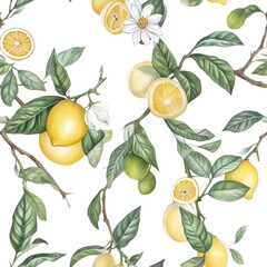 Watercolor coloured seamless pattern with lemons on white background. Fruits, flowers and leaves. Pastel colours. 