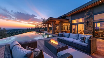 A large house with a pool and a fire pit on the deck. The house is situated on a hill overlooking a beautiful landscape