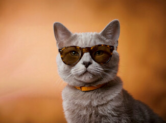 Serious cat in sunglasses on orange background