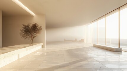 A large room with a white wall and a tree in a vase. The room is empty and has a minimalist design