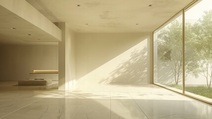 Fototapeta premium A large, empty room with a window and a white wall. The room is very bright and open, with a lot of natural light coming in through the window. The space is very clean and uncluttered