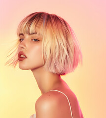 A model with beautiful blonde highlighted hair