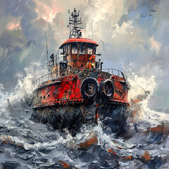 Tug Boat Painting.  Generated Image.  A digital illustration of a painting of a tug boat in coastal waters. - obrazy, fototapety, plakaty