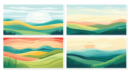 Set of four abstract Landscapes. Colorful sky field gr - obrazy, fototapety, plakaty