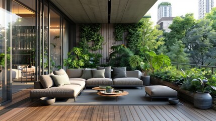 A large, open living room with a green wall and a balcony. The balcony is filled with plants and has a table with a vase on it - obrazy, fototapety, plakaty