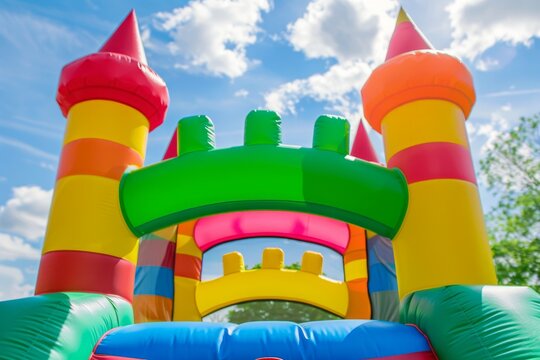 A colorful bounce house in the park on a sunny day