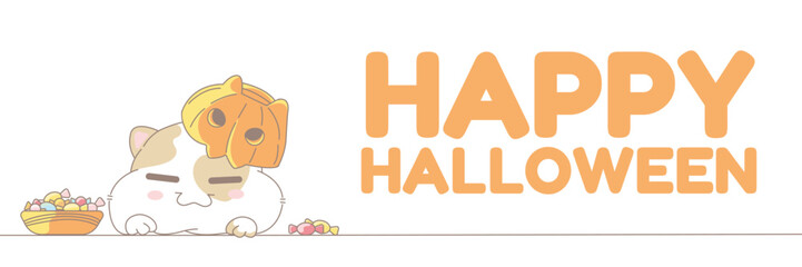 Cute cat with pumpkin. Halloween horizontal border featured funny pussycat. Frame with kawaii kitty and candys. Hand drawn illustartion in anime cartoons style.