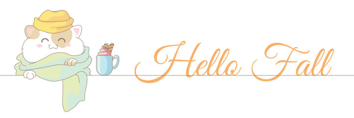 Kawaii fat cat in yellow hat and green scarf with cup of coffee with marshmallow. Happy fall border with cute kitty. Autumn frame with cozy pussycat.