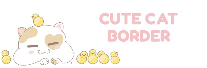 Fat white cat with cute little yellow chickens vector illustration. Banner with copy space for easter. Border with funny sleeping kitty and chiсken-poults.
