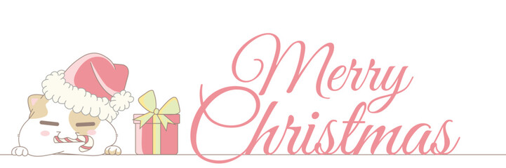 Cute fat white cat in the red hat of Santa Claus holding caramel cane. Banner with copy space and illustration of funny kitty with christmas symbols.