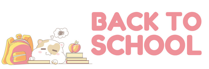 Smiling white cat with books and school backpack. Back to school border or frame with fat kitty in cartoon style.