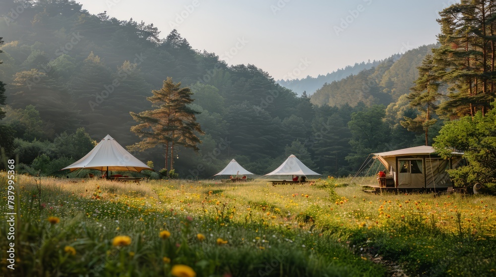 Wall mural A group of tents are set up in a field with a view of the mountains. The tents are arranged in a row, with one of them being a teepee. The scene is peaceful and serene