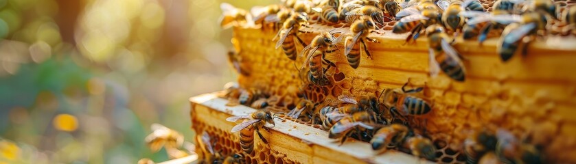 Honey bees on honeycomb in apiary - obrazy, fototapety, plakaty