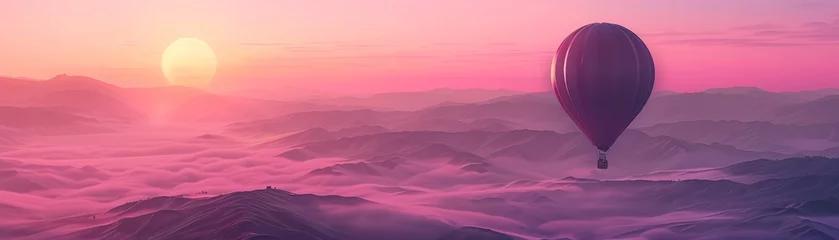 Keuken foto achterwand Snoeproze Hot air balloon floating over pink mountain landscape at sunset