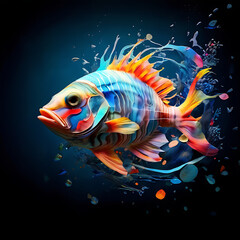 colorful abstract  fish soundscape. symbolizing the Disrupted ocean due to plastic pollution. Fight for a silent Earth Day - obrazy, fototapety, plakaty