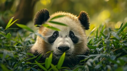 A baby panda is hiding behind bamboo plants