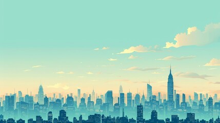 Fototapeta premium A beautiful cityscape with a blue sky and white clouds. The sun is rising over the city.