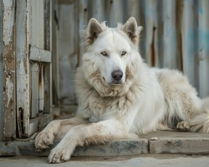 Obraz premium A strong white Central Asian Shepherd dog rests in an enclosed area