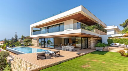 A large white house with a pool and a patio. The house is surrounded by trees and has a lot of open space
