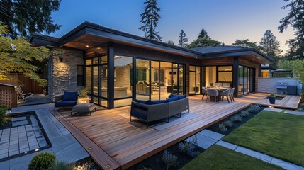 Fototapeta premium A large house with a wooden deck and a patio. The deck is surrounded by a lush green lawn and has a fire pit. The house has a modern design and is well-lit