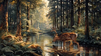 A deer stands in a stream in the middle of a dense forest. The sun shines through the trees. - obrazy, fototapety, plakaty