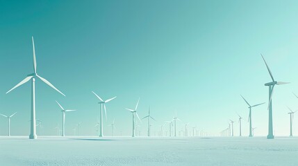 A field of wind turbines in the snow on blue background - obrazy, fototapety, plakaty