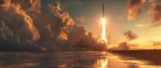 A powerful rocket launch showcased against a tumultuous sky, symbolizing the triumph of innovation and exploration background - obrazy, fototapety, plakaty