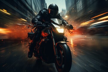A man in a black leather jacket and helmet rides a black motorcycle through a city at night. The motorcycle is moving very fast and the city lights are blurred in the background.