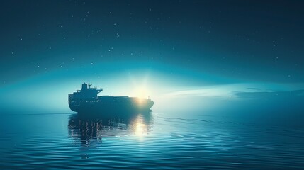 Obraz premium A large container ship sails through a calm sea at night, with a bright moon and stars in the sky.
