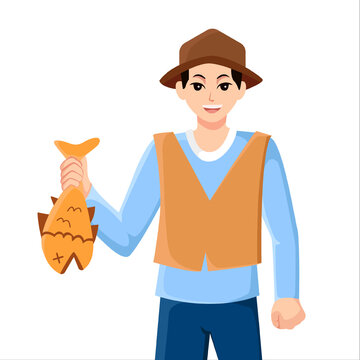 recommend clip art: Fisherman with Fish Character Design Illustration