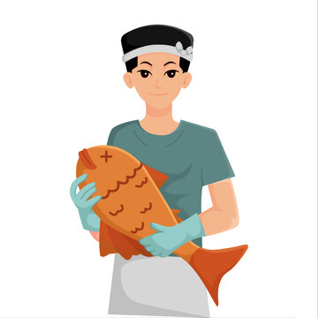 recommend clip art: Fisherman with Fish Character Design Illustration