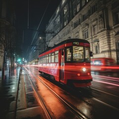 Fototapeta premium A red and white tram is passing through a city at night. The tram is illuminated by the lights of the city.