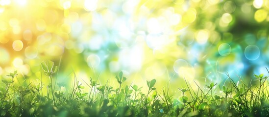 Abstract background in spring with bokeh and sunlight filtering through. Green grass and clear blue skies.