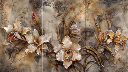 Panel Wall Art, Onyx Marble with Orchid and Lily Flower Designs