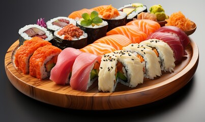 Assorted Sushi Platter on Wooden Plate