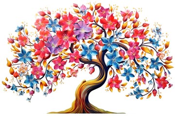 a tree with flowers and leaves painted on it.
