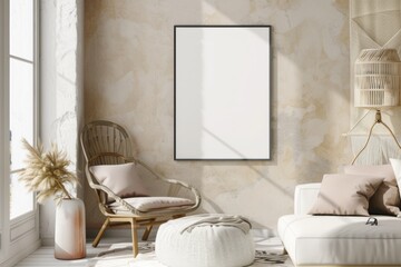 Beige Scandinavian Interior with Poster Mockup created with Generative AI